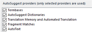 Trados Studio settings showing AutoSuggest providers with checkboxes. Options include Termbases, AutoSuggest Dictionaries, Translation Memory and Automated Translation, Fragment Matches, and AutoText.