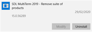 Apps & Features window showing SDL MultiTerm 2019 with options to Modify or Uninstall.