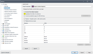 Trados Studio Options dialog box showing AutoCorrect settings for a selected target language with options to change or turn off auto-correct features.