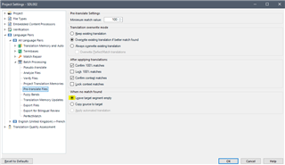 Screenshot of Trados Studio project settings window showing similar translation memory settings with 'Keep target segment empty' option unchecked.