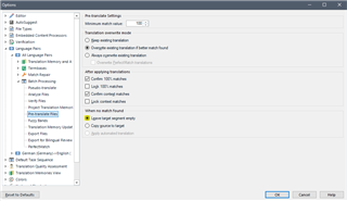 Screenshot of Trados Studio translation memory settings with options such as 'Update', 'Overwrite', and 'Keep target segment empty' unchecked.