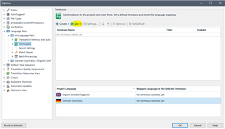 Trados Studio Options menu showing Termbases settings with no termbase selected for German-English language pair.