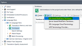 Dropdown menu in Trados Studio Options under Termbases with 'File-based MultiTerm Termbase' option highlighted.