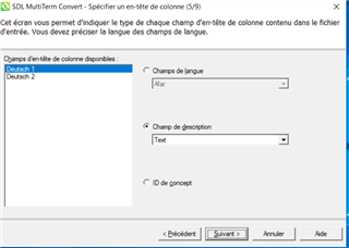 SDL MultiTerm Convert window showing column type specification with 'Deutsch 2' selected and language field set to 'Flar'.