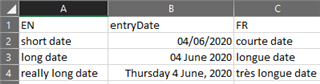 Excel spreadsheet with columns A, B, C showing date formats in English and French. Column A has 'EN', B has 'entryDate', and C has 'FR'.