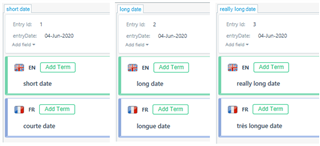 Trados Studio MultiTerm entries showing three date formats 'short date', 'long date', and 'really long date' with corresponding English and French terms.