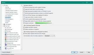 Trados Studio settings window showing options for Translation Memory and Automated Translation with Lookahead feature unchecked.