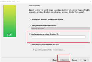 Screenshot of SDL Multiterm 2017 Termbase Wizard Step 1 of 5 showing options to create a termbase definition with a missing 'browse' button to load an existing definition file.