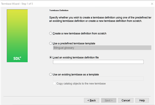 Screenshot of Trados Studio with lower screen scale, app not activated, showing TermBase Wizard window fully visible without any cut-off.