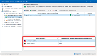 Trados Studio project settings window showing a language mapping error, with 'English (United States)' incorrectly mapped to 'Spanish'.