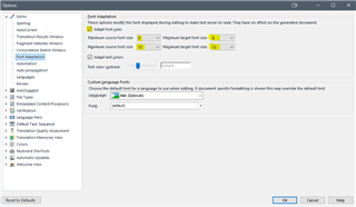 Trados Studio Options dialog showing Font Adaptation settings with Minimum font size and Maximum font size fields.