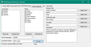 Screenshot of Multilingual Dictionary Converter with options to select languages, convert format to PDF, and user information fields filled out.