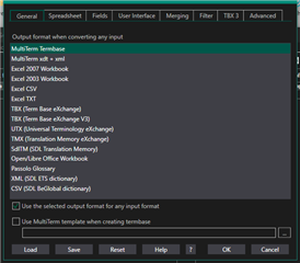 Settings window in Trados Studio showing output format options for converting input, including various file types.