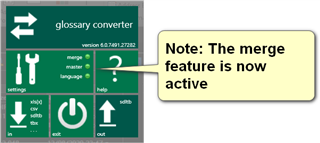 Glossary Converter tool with a notification that the merge feature is now active.