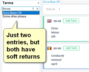 Screenshot of Trados Studio termbase with two entries, highlighting soft returns in the terms.