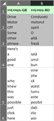 Excel spreadsheet exported from Trados Studio with English and Romanian terms in two columns.