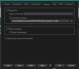 Settings window in Trados Studio for merging termbases with options for file paths and language merging.