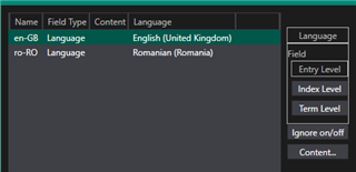 Trados Studio language field settings showing English (United Kingdom) and Romanian (Romania) options.