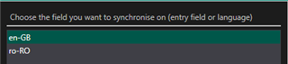 Dropdown menu in Trados Studio for selecting the field to synchronize on, with options for English and Romanian.