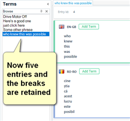 Screenshot of Trados Studio termbase with five entries, indicating that line breaks are retained.