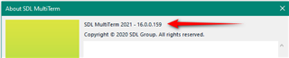 Screenshot of the 'About SDL MultiTerm' window showing version number 16.0.0.159 with a red arrow indicating the version.