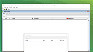 Screenshot of Trados Studio interface showing an open project with empty 'Project Settings' dialog box in the foreground.