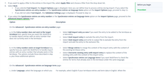 Screenshot of Trados Studio documentation showing steps for importing termbase data with a note on Advanced Import Options page.