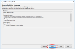 Screenshot of Trados Studio's Import Wizard Step 7 of 8, showing the Import Definition Summary with a 'Next' button highlighted in red.