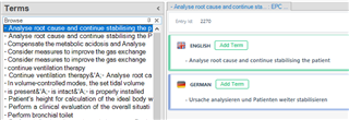 Screenshot of Trados Studio showing a list of terms with the English term 'Analyse root cause and continue stabilising the patient' and its German translation.