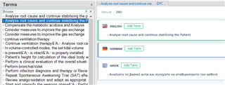 Screenshot of Trados Studio displaying a list of terms including the English term 'Analyse the root cause and continue stabilising the patient' with a warning for a duplicate entry in German.