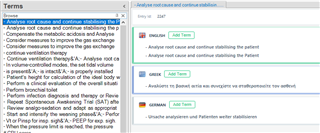 Screenshot of Trados Studio with a list of terms, highlighting the English term 'Analyse root cause and continue stabilising the patient' with a warning for potential duplicate German translation.