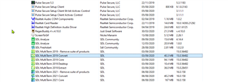 Screenshot of Trados Studio repair options in the Control Panel with a list of installed programs, highlighting SDL Trados Studio 2021.