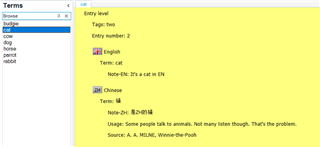 Trados Studio term entry showing English and Chinese terms with notes, usage, and source information for the term 'cat'.