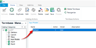 Trados Studio Termbase Manager with a red arrow indicating the selection of an input model named 'MyInput'.