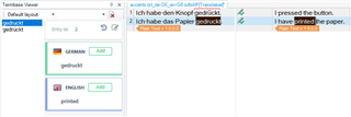 Trados Studio screenshot showing a translation project with three segments in German and their English translations. No visible errors or warnings.