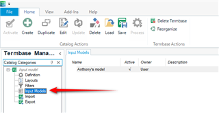 Screenshot of Trados Studio Termbase Management view highlighting the 'Input Models' section with 'Anthony's model' selected.