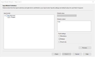 Trados Studio Input Model Wizard Step 2 of 2 window showing the Entry level with 'Project' field added and the Next button greyed-out indicating it's not selectable.