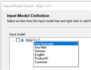 Trados Studio Input Model Wizard showing a dropdown menu with 'Any Language' selected under 'Entry level'.