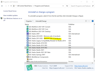 Control Panel Programs and Features window showing a list of SDL products including Trados Studio 2017 with options to Uninstall or Change.