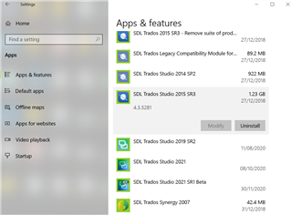 Windows Settings Apps & features screen displaying a list of SDL Trados products with options to Modify or Uninstall.