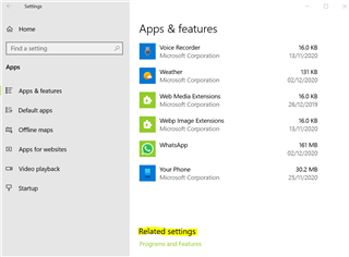 Windows Settings Apps & features screen with a list of various applications and a 'Related settings' section highlighting 'Programs and Features' link.