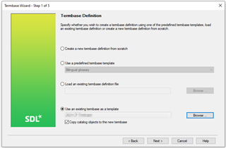 Screenshot of Trados Studio Termbase Wizard Step 1 of 5, with options to create a new termbase definition or use an existing one.