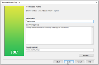 Screenshot of Trados Studio Termbase Wizard Step 2 of 5, showing a field to enter a friendly name for the new termbase.