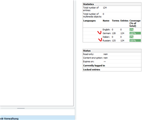 Trados Studio Multiterm Management window showing statistics with total number of terms and entries for English, German, Italian, and Russian, but no terms listed under 'Termini' on the left side.