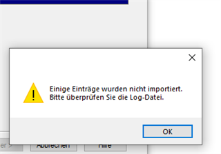 Error message in Trados MultiTerm 2021 stating 'Some entries were not imported. Please check the log file.' with an exclamation mark icon and an OK button.