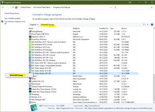 Control Panel with Programs and Features window open, SDL Trados Studio 2021 selected, and 'UninstallChange' button highlighted.