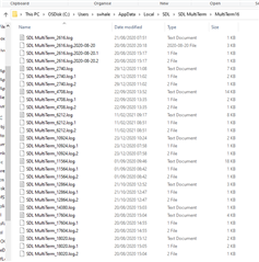 Screenshot showing a list of MultiTerm log files in the AppdataLocal folder, with file names like SDL_MultiTerm_2020.log and dates modified ranging from 2020 to 2021.
