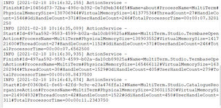 Screenshot of Trados Studio log file showing multiple INFO entries with timestamps, process names, and memory usage details. No visible errors or warnings.