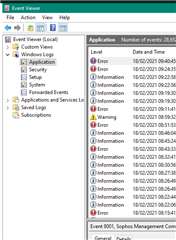 Screenshot of Windows Event Viewer showing a list of events with multiple errors and warnings related to Trados Studio.