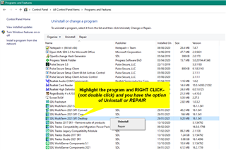 Screenshot of Control Panel Programs and Features window, highlighting Trados Studio 2021 with instructions to right-click for Uninstall or Repair options.